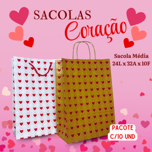 Sacola Personalizada Dia das Mães Coração Alça Papel/Alça Cordão Pacote com 10 Und