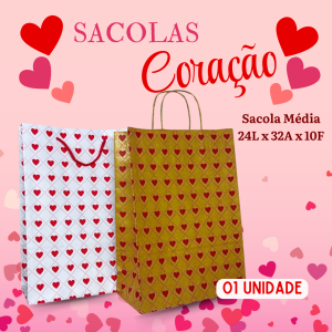 Sacola Personalizada Dia das Mães Coração Alça Papel/Alça Cordão Unidade