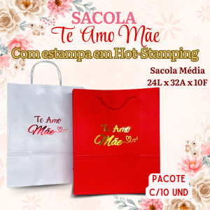 Sacola Personalizada Dia das Mães Alça Papel/Alça Cordão Pacote com 10 Und